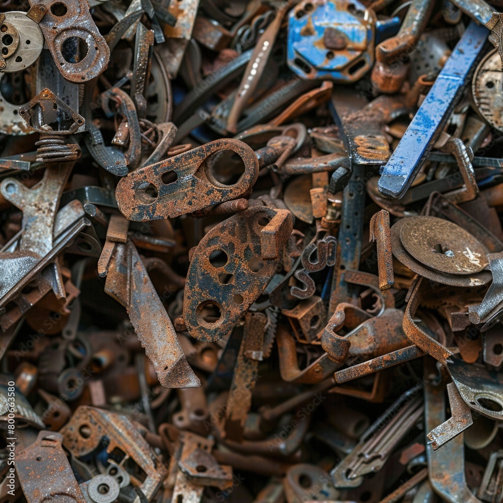 Poster A large pile of rusty metal parts on a table. Suitable for industrial concepts