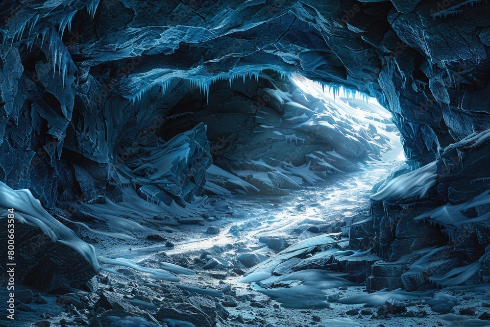 Poster A mesmerizing ice cave with a flowing stream of water. Ideal for nature and adventure concepts