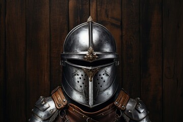 Antique knight's helmet on wooden background