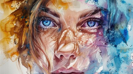 Realistic portrait of a woman with striking blue eyes. Ideal for beauty and fashion concepts