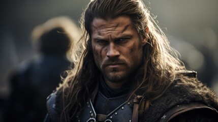 Rugged warrior with long hair and beard