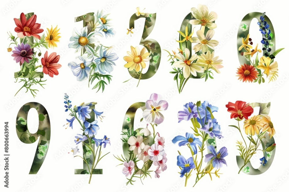 Poster Set of numbers with colorful flower patterns, perfect for various design projects
