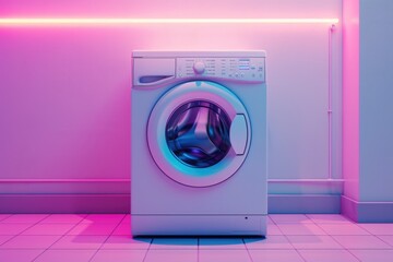 A white washing machine placed in a pink room. Suitable for household appliance concepts