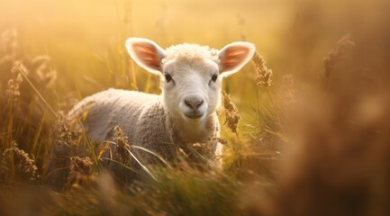 Adorable lamb in golden field