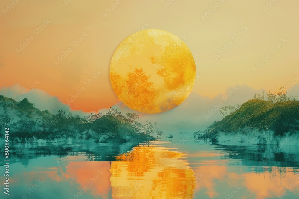 Poster a serene painting of a full moon rising over a calm body of water. suitable for various design proje