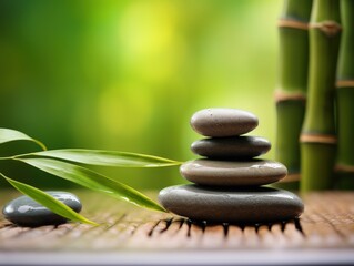 Zen garden with stacked stones and bamboo