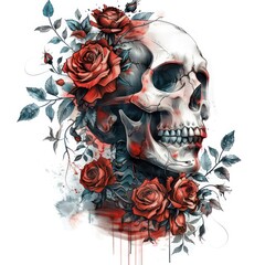 expressive illustration of a skull with red roses on a white background