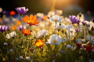 Vibrant Wildflower Field at Sunset