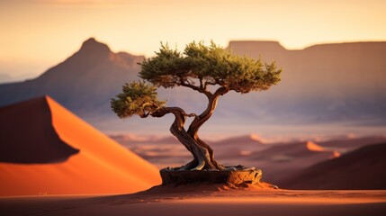 Lone tree in desert landscape at sunset