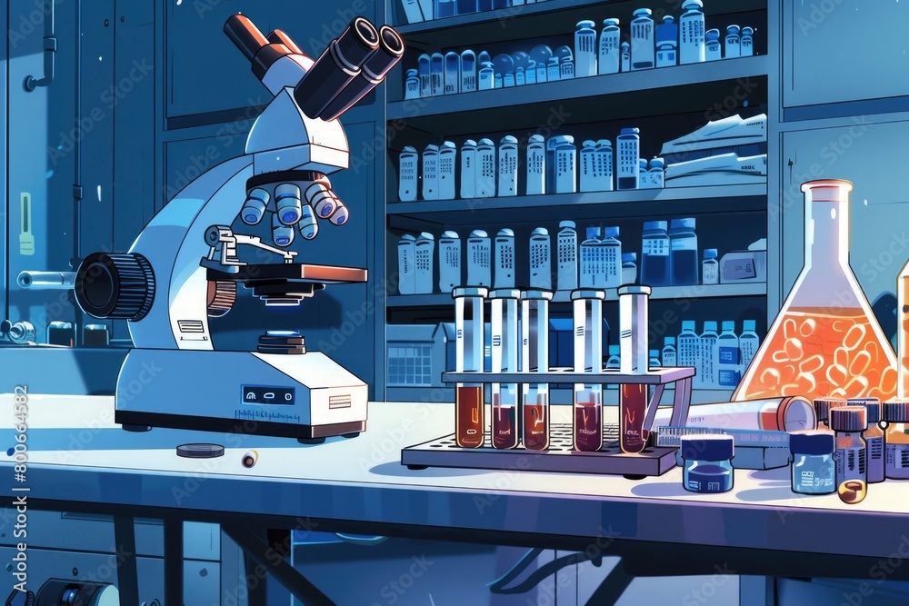 Poster a microscope sitting on top of a counter, suitable for scientific and educational projects