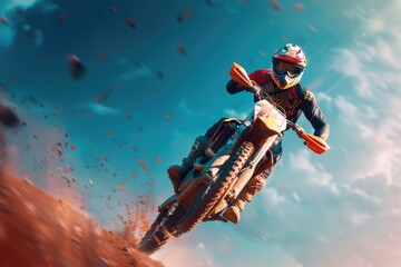 Person riding a dirt bike on a dirt track. Ideal for sports and outdoor activities