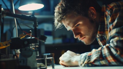A man working on a machine in a workshop. Suitable for industrial concepts