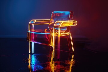 Bright neon chair on rustic wooden floor, ideal for interior design concepts