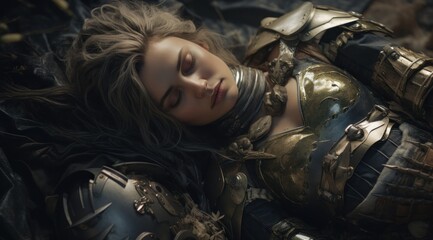 Sleeping warrior in futuristic armor