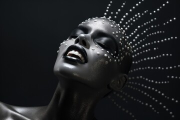 Dramatic portrait of a person with metallic makeup and lighting