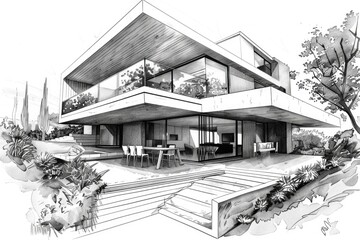 Detailed sketch of a modern house with a patio, suitable for architectural projects or real estate brochures