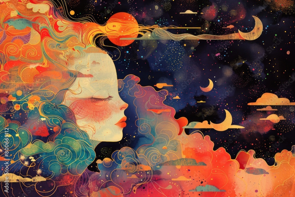 Poster a painting of a woman's face with clouds and planets in the background. suitable for artistic projec