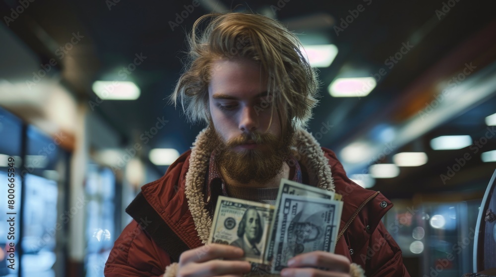 Poster a man with a beard holding a bunch of money. suitable for finance and business concepts