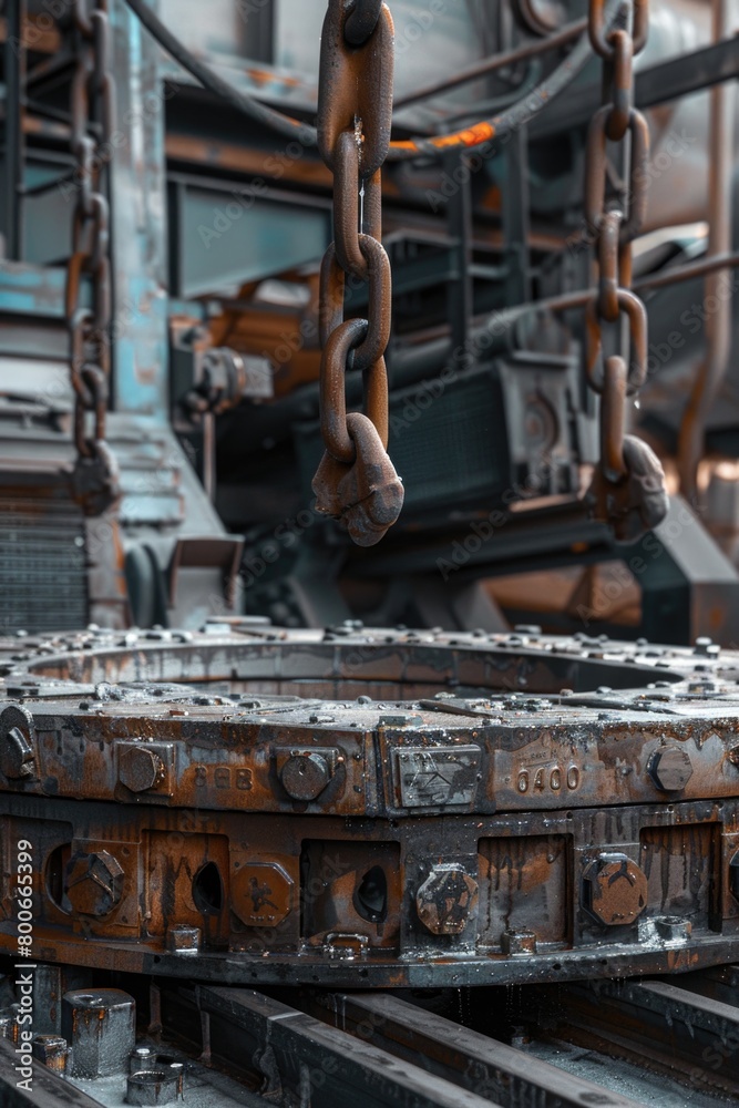 Poster close up of a large metal object on a conveyor belt. suitable for industrial concepts