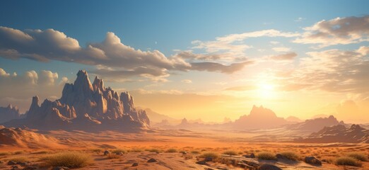 Majestic desert landscape with towering rock formations at sunset