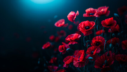Obraz premium Red poppies on black background as Remembrance Day.
