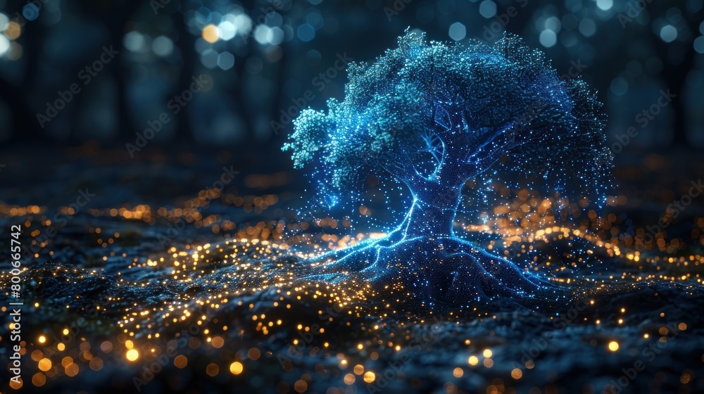 Wall mural blue cyber polygon tree network connection technology concept with futuristic elements abstract conc