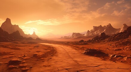 Naklejka premium Dramatic Martian Landscape at Sunset