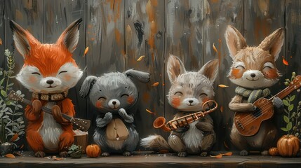 portrait of cute Animal with musical instrument. Animal concert music band for birthday event isolated. Vector children's cartoon