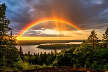 Stunning rainbow over a serene forest landscape