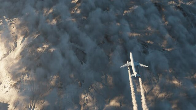 airplane with contrails flying over cloudscape in the evening sunlight