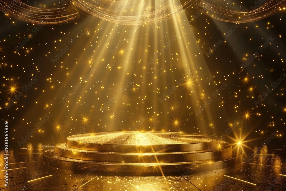 Poster circular light shining on a golden stage, suitable for performance backgrounds