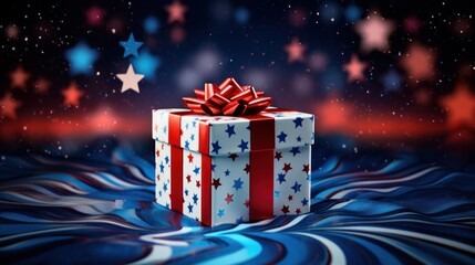 Festive gift box with red bow on starry night background