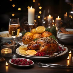 Traditional Christmas dinner with roasted turkey, cranberries and other food on festive table