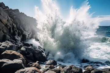 Powerful ocean waves crashing against rocky coastline