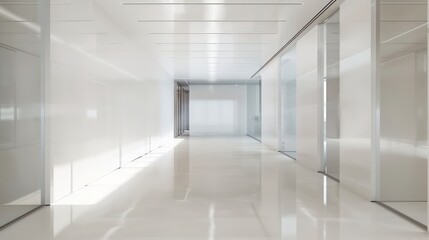 wide empty white walls in a hallway in a modern office with bright natural light and neutral tones