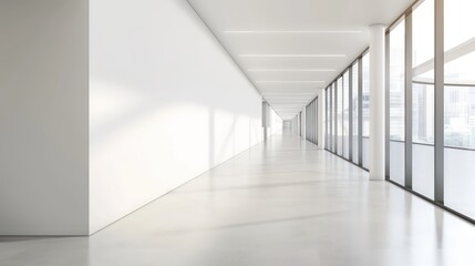 wide empty white walls in a hallway in a modern office with bright natural light and neutral tones