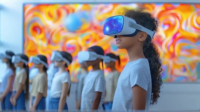 Students Exploring Virtual Reality in Colorful Classroom