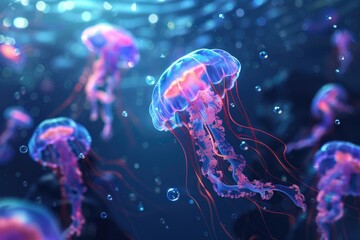 Fototapeta premium A group of jellyfish floating in the water. Ideal for nature and marine life concepts