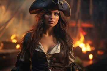 Fototapeta premium Mysterious pirate woman in dramatic lighting