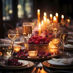 Festive table setting with fresh berries and wine glasses. Selective focus.