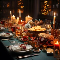 Table set for Christmas or New Year dinner. Festive table decoration with candles and food.