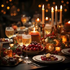 Festive table setting for Christmas or New Year dinner with candles and wine