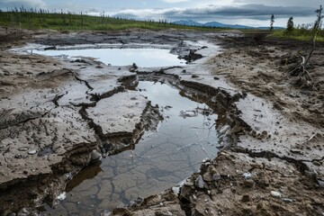 A muddy road with a puddle, suitable for outdoor and nature concepts