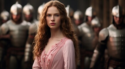 Fototapeta premium Elegant woman with flowing red hair in a pink dress