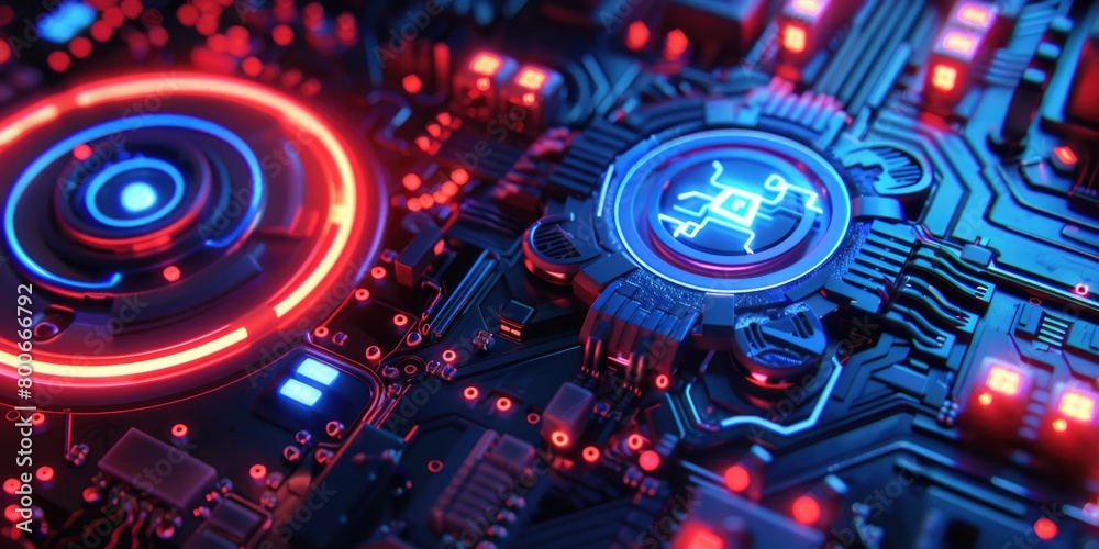 Poster Close up of a computer motherboard with colorful lights, perfect for technology concepts