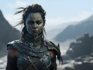 Warrior with Tribal Face Paint in Rugged Landscape