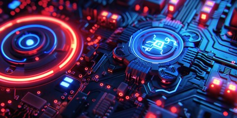 Close up of a computer motherboard with colorful lights, perfect for technology concepts