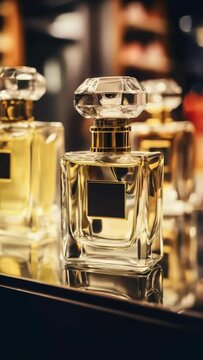 A bottle of perfume is on a table with other bottles