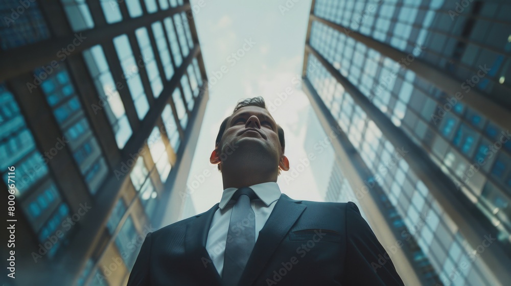 Poster a man in a suit standing in front of modern tall buildings. suitable for business and corporate conc