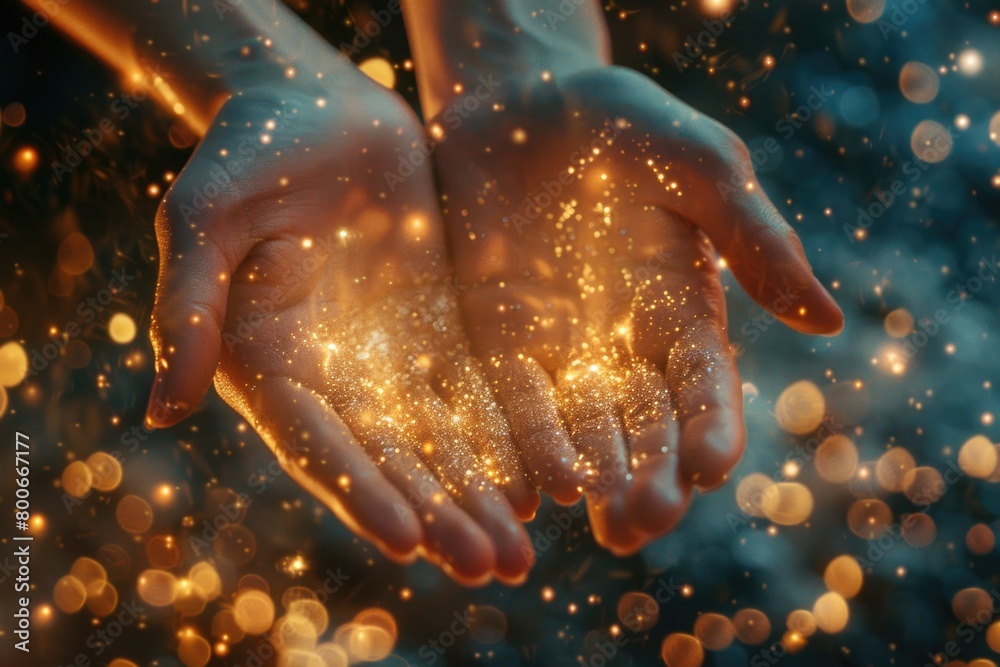 Poster person holding out hands with sparkling lights in background. suitable for festive and magical conce